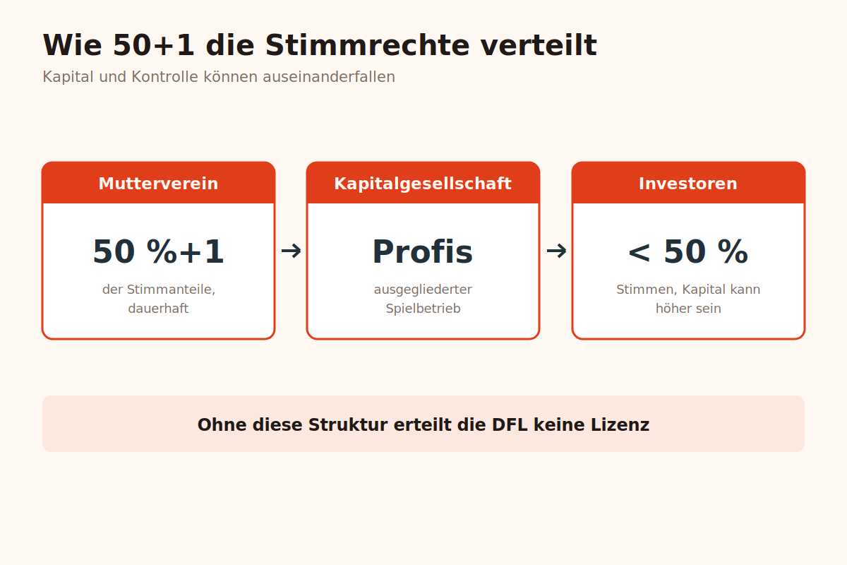 Wie 50+1 die Stimmrechte verteilt Schaubild der Eigentümerstruktur eines Bundesligaklubs mit Mutterverein und Kapitalgesellschaft