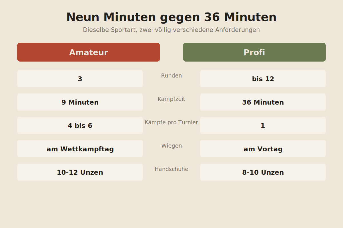 Neun Minuten gegen 36 Minuten Gegenüberstellung der Kampfdauer im Amateur- und Profiboxen über die Rundenzahl