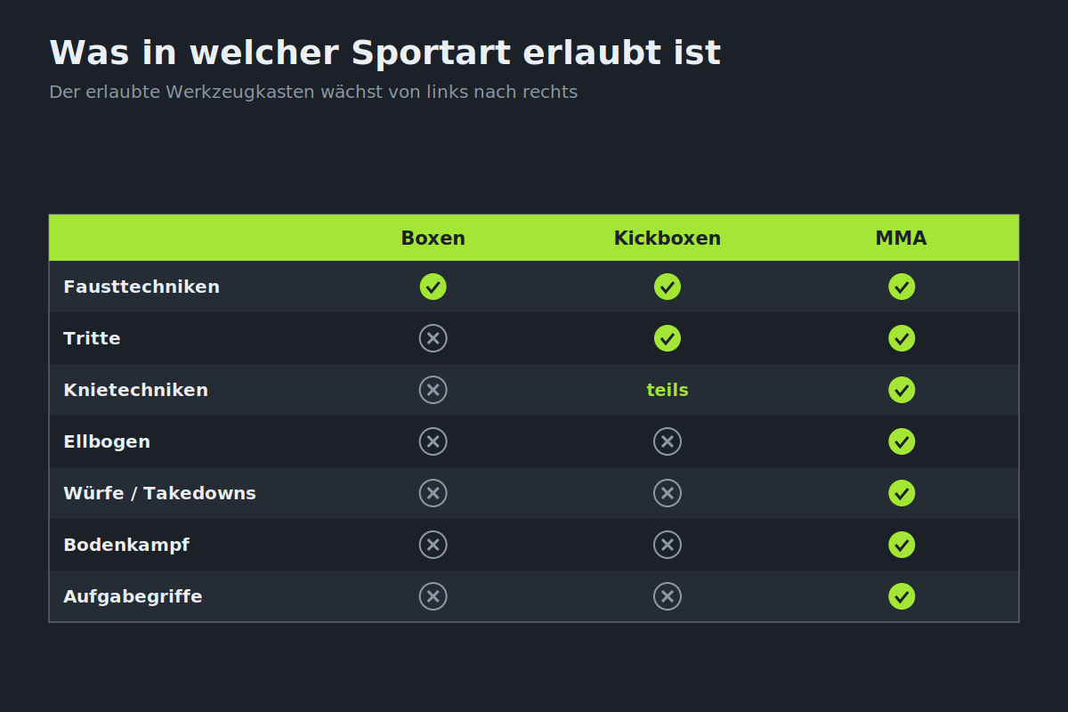 Vergleichsgrafik der erlaubten Techniken in Boxen, Kickboxen und MMA