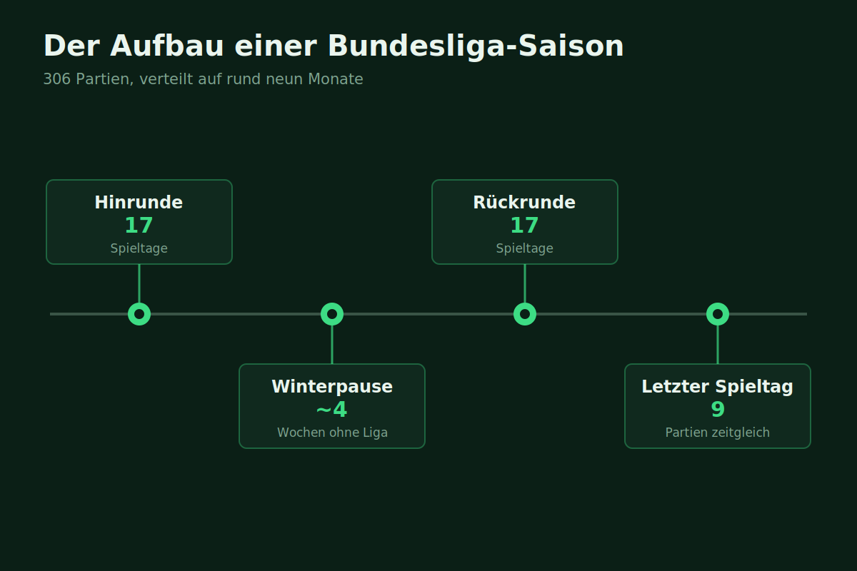 Schaubild des Bundesliga-Saisonverlaufs mit 34 Spieltagen, Hin- und Rückrunde