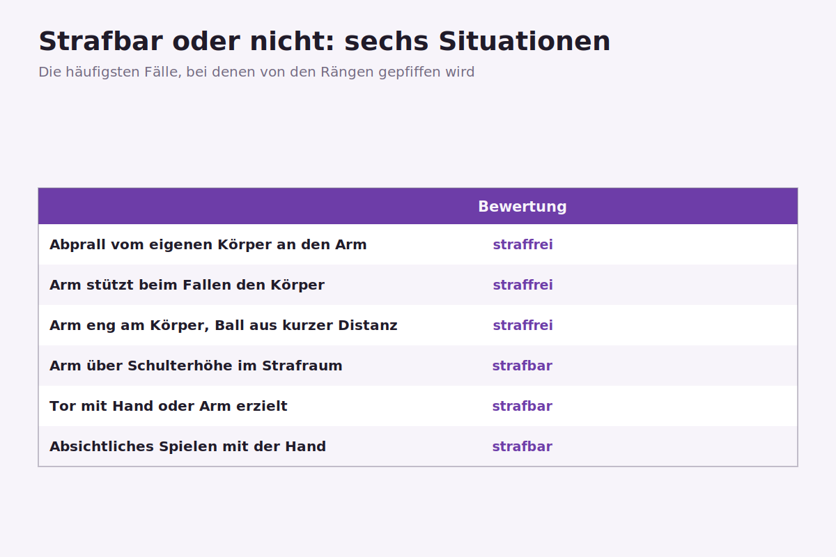 Strafbar oder nicht: sechs typische Situationen Gegenüberstellung von strafbaren und straffreien Handspielsituationen im Strafraum