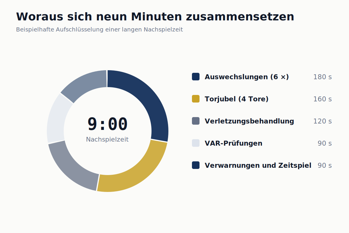 Aufschlüsselung der Nachspielzeit nach Auswechslungen, Behandlungen, Torjubel und VAR-Checks