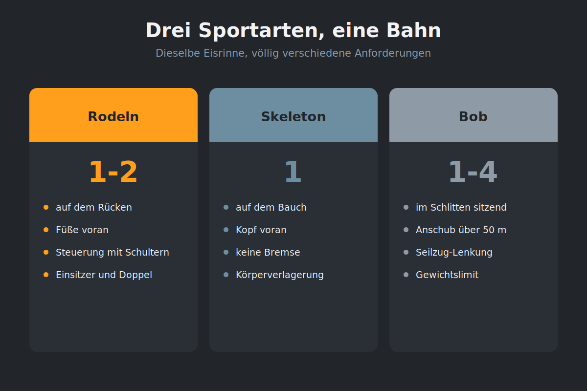 Drei Sportarten, eine Bahn Vergleich von Rodeln, Skeleton und Bob nach Position, Steuerung und Bremsmöglichkeit
