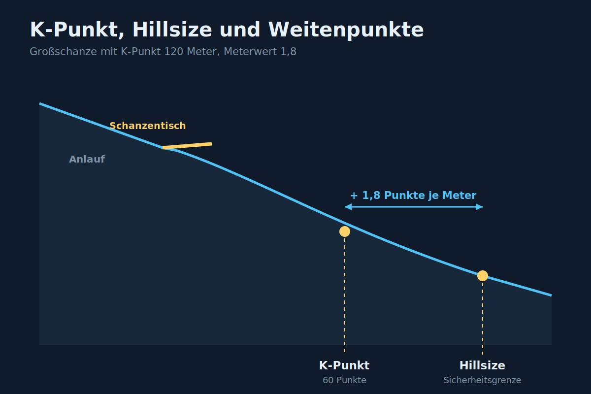Schanzenprofil mit K-Punkt, Hillsize und der Umrechnung von Metern in Weitenpunkte