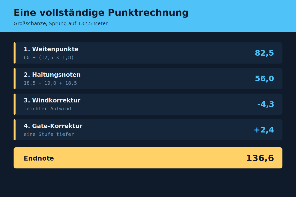 Beispielrechnung eines Skisprungs mit Weitenpunkten, Haltungsnoten, Wind- und Gate-Korrektur