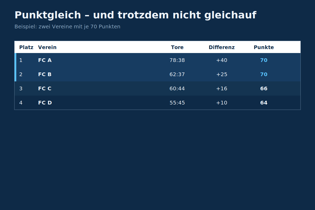Punktgleich – und trotzdem nicht gleichauf Beispieltabelle mit zwei punktgleichen Vereinen und der Entscheidung über die Tordifferenz