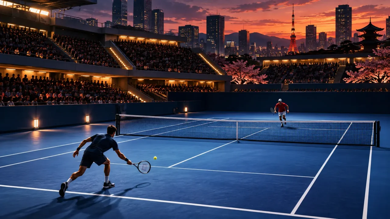 Illustration eines Tennisfinales auf blauem Hartplatz in Tokio