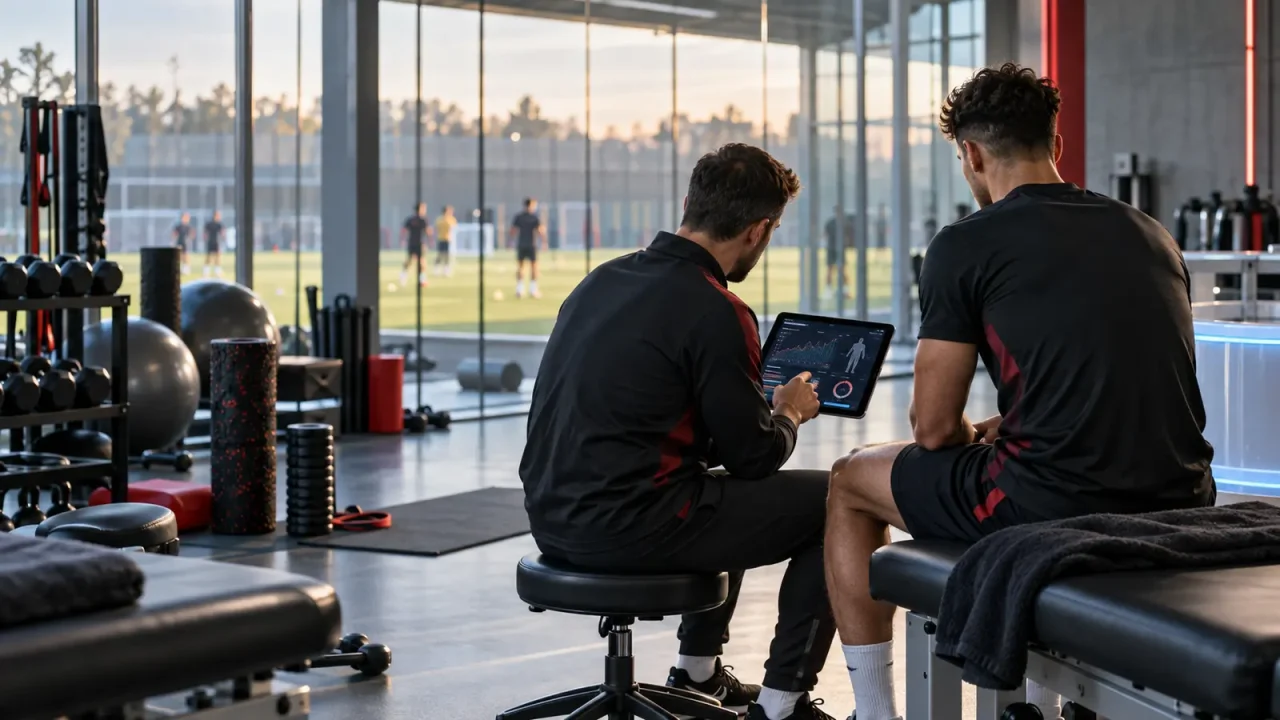 Fußballprofi bespricht Regenerationsdaten mit einem Athletiktrainer