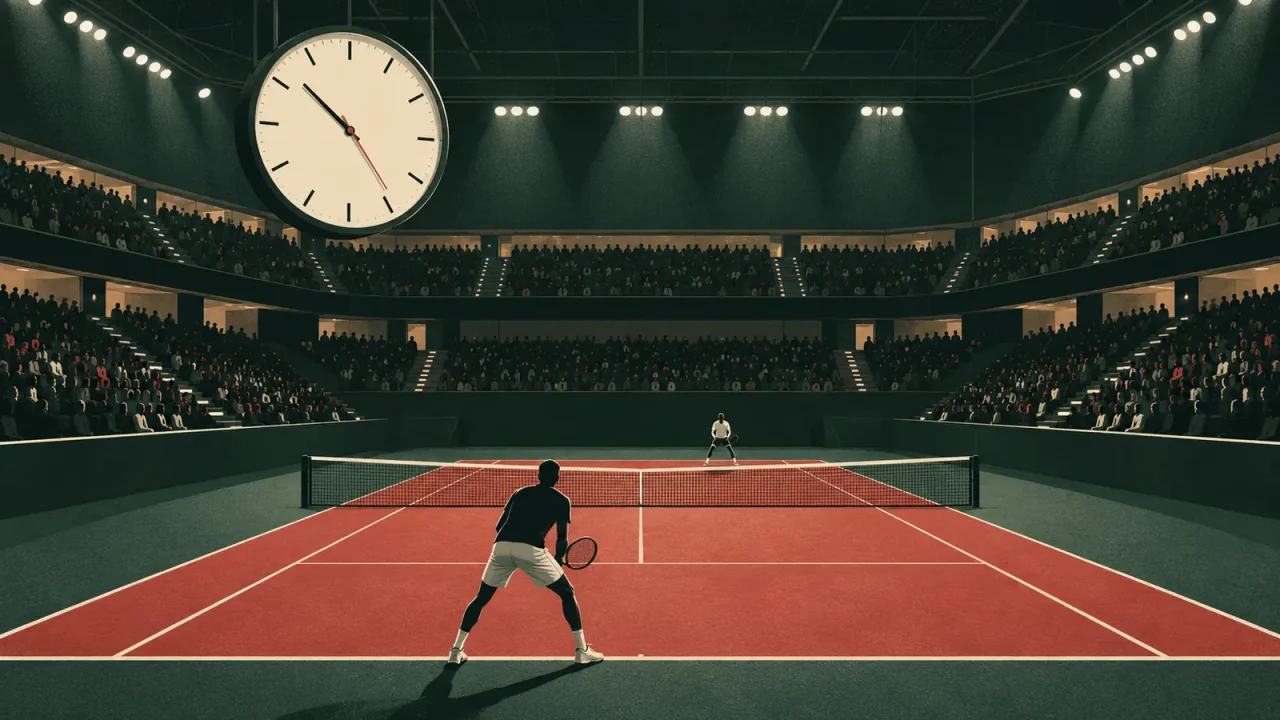Illustration eines Hallentennisplatzes mit großer Uhr vor Djokovic gegen Humbert in Basel