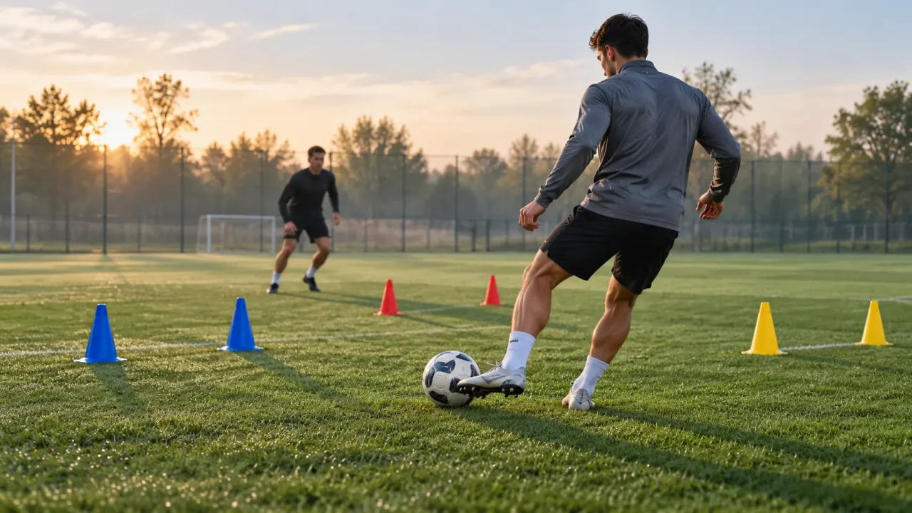 Fußballer trainiert die Ballannahme mit dem ersten Kontakt zwischen farbigen Hütchentoren