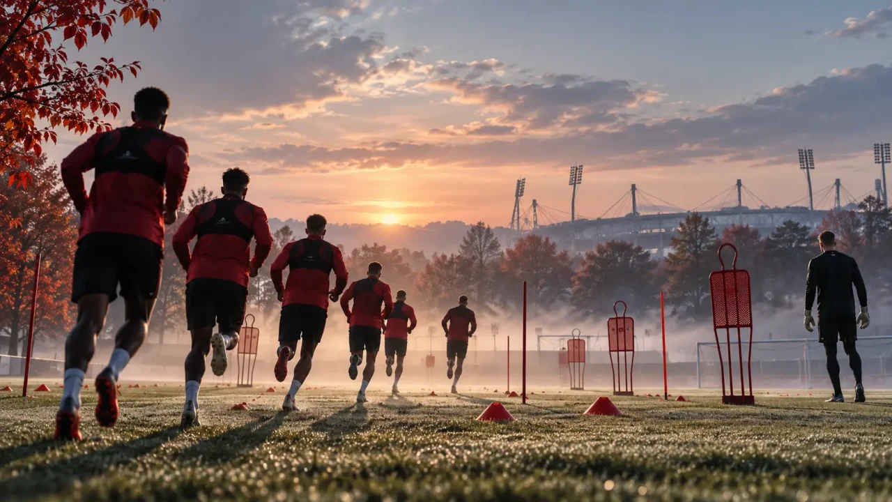 Anonymisierte Fußballprofis beim morgendlichen Mannschaftstraining vor dem Augsburg-Spiel