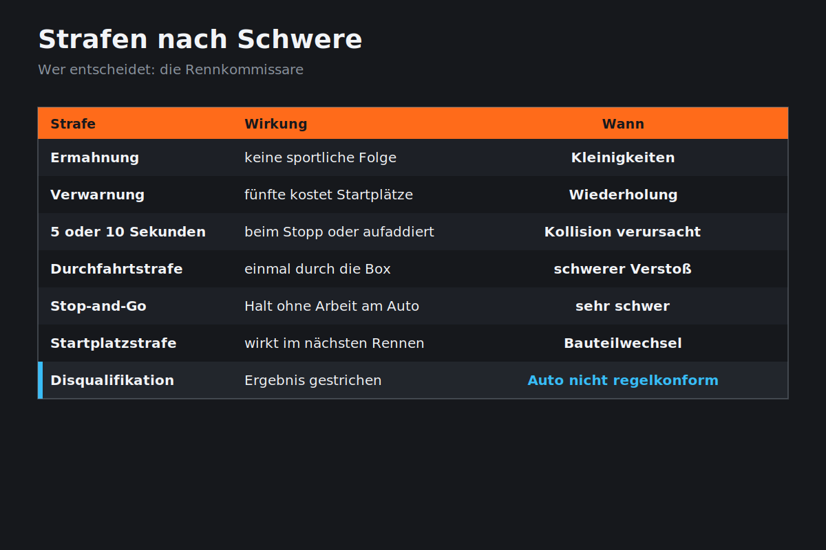 Strafen nach Schwere geordnet Übersicht der Strafarten in der Formel 1 von der Verwarnung bis zur Disqualifikation