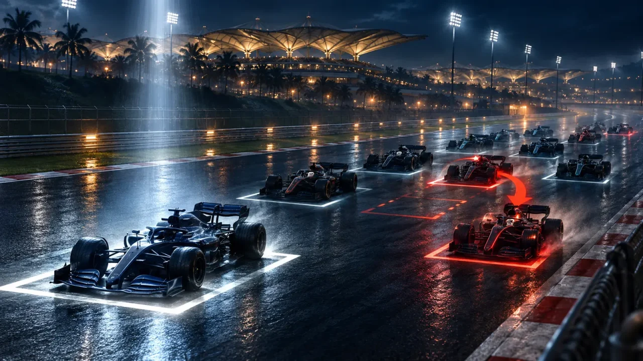 Symbolische Startaufstellung in Sepang mit Poleposition und zurückversetztem Rennwagen