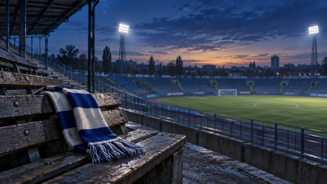 Leeres Fußballstadion mit blau-weißem Schal als Gedenken an Heiko Weber