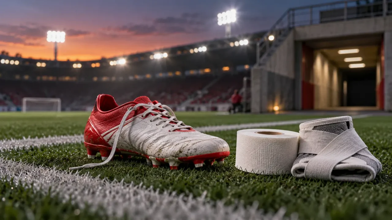 Symbolische Illustration eines Fußballschuhs mit Tape am Spielfeldrand