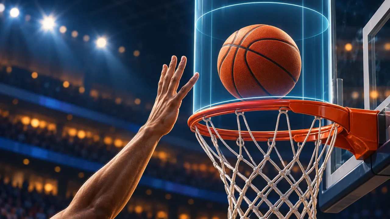 Basketball über dem Ring mit angedeutetem Zylinder für Goaltending
