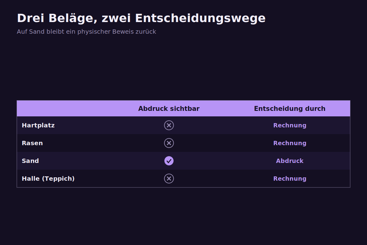 Drei Beläge, zwei Entscheidungswege Vergleich der Entscheidungswege auf Hartplatz, Rasen und Sand