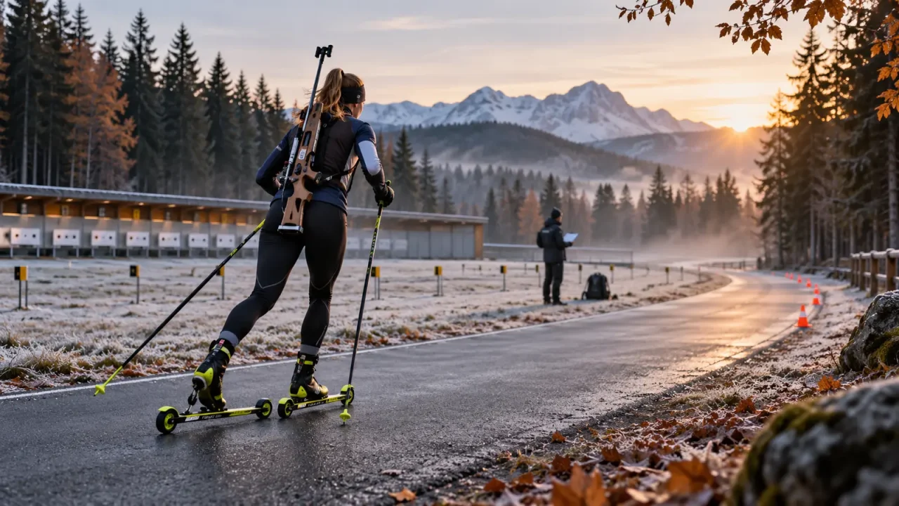 Biathletin beim individuellen Training auf Skirollern