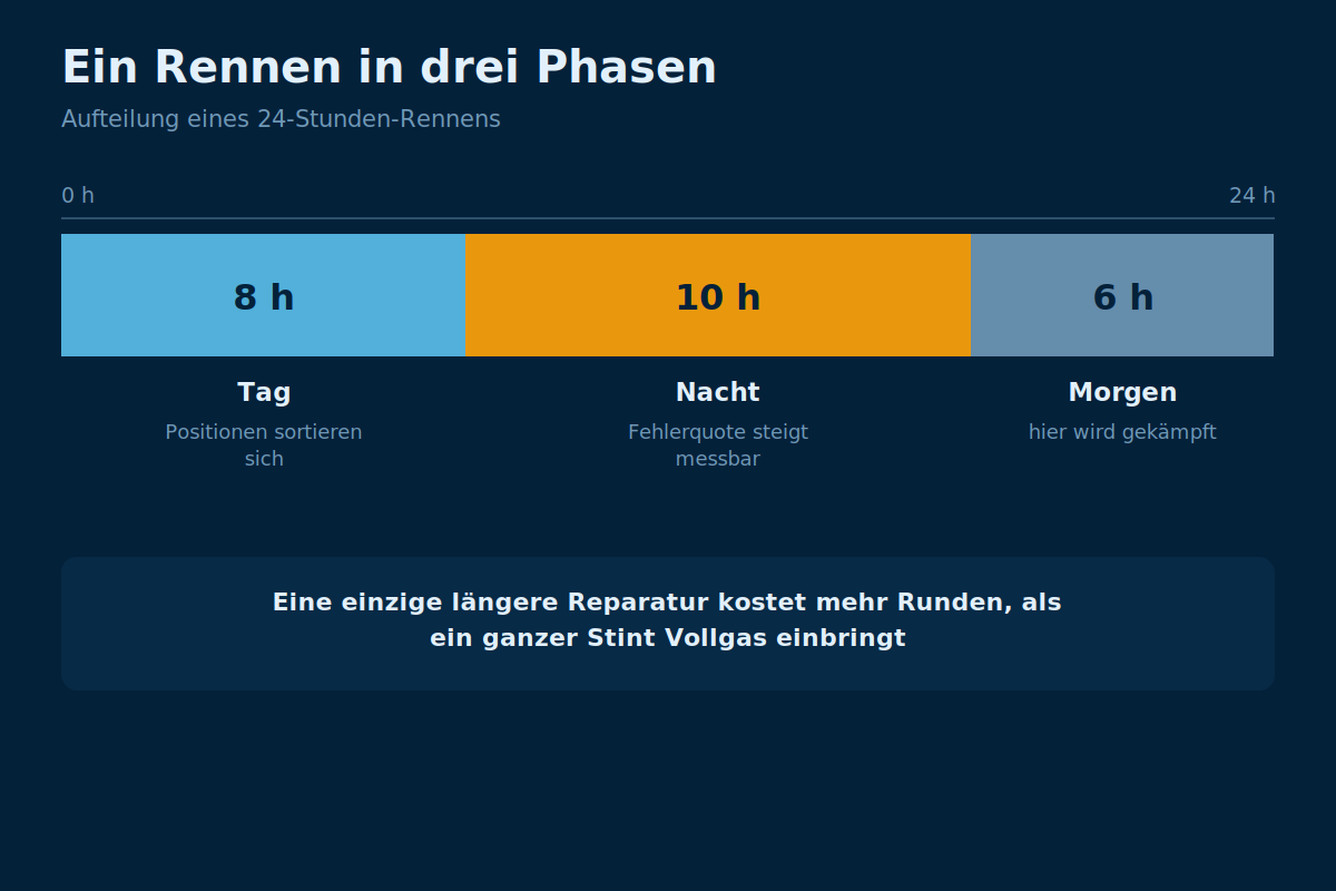 Ablauf eines 24-Stunden-Rennens über Tag, Nacht und Morgen mit Fahrerwechseln