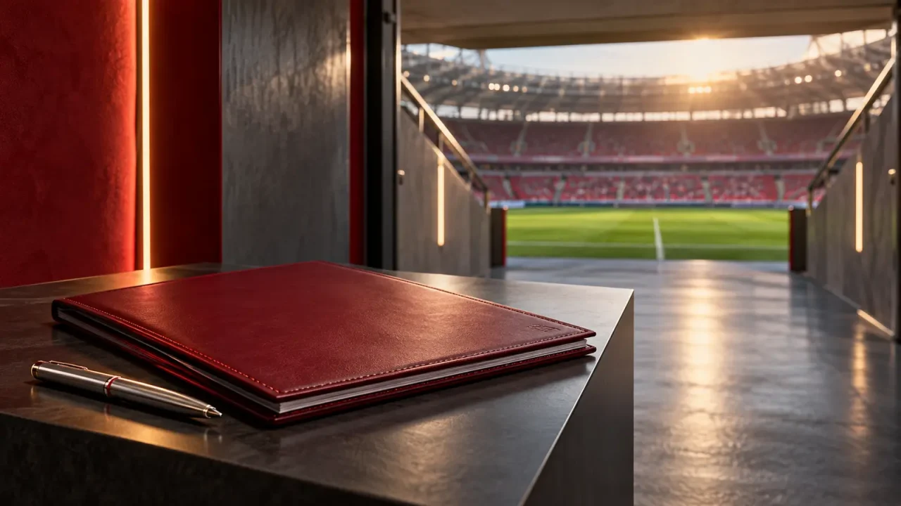 Symbolbild zur Vertragsverlängerung: rote Vertragsmappe im Fußballstadion