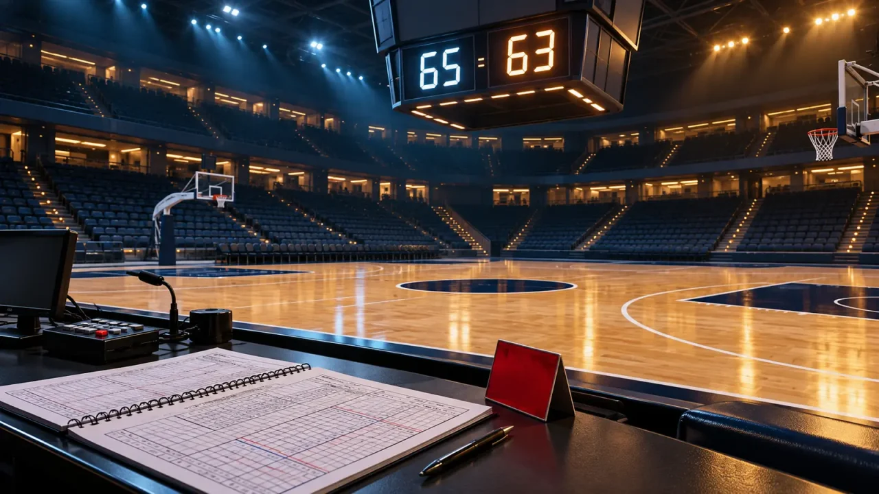 Symbolbild zum Royals-Protest: Basketballhalle mit Anzeigetafel 65:63 und Spielprotokoll