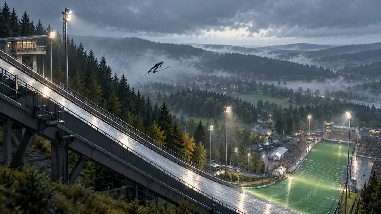 Illustration einer Skisprungschanze im herbstlichen Regen