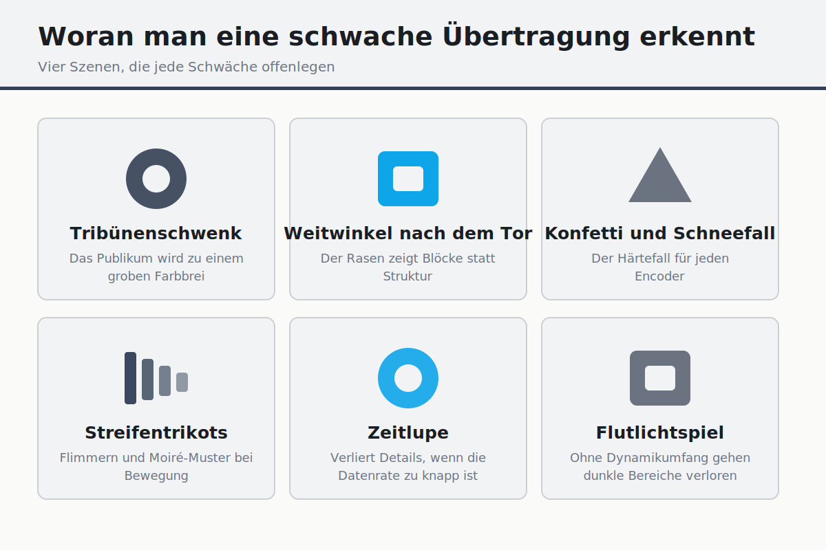 Typische Bildfehler bei Sportübertragungen wie Blockbildung, Moiré und Ruckeln