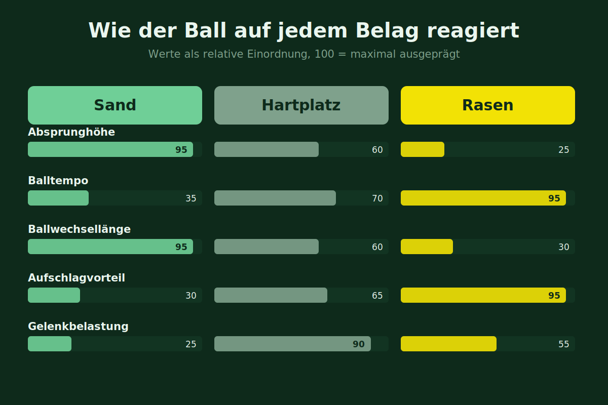 Wie der Ball auf jedem Belag reagiert Vergleich der Absprunghöhe und des Balltempos auf Sand, Hartplatz und Rasen