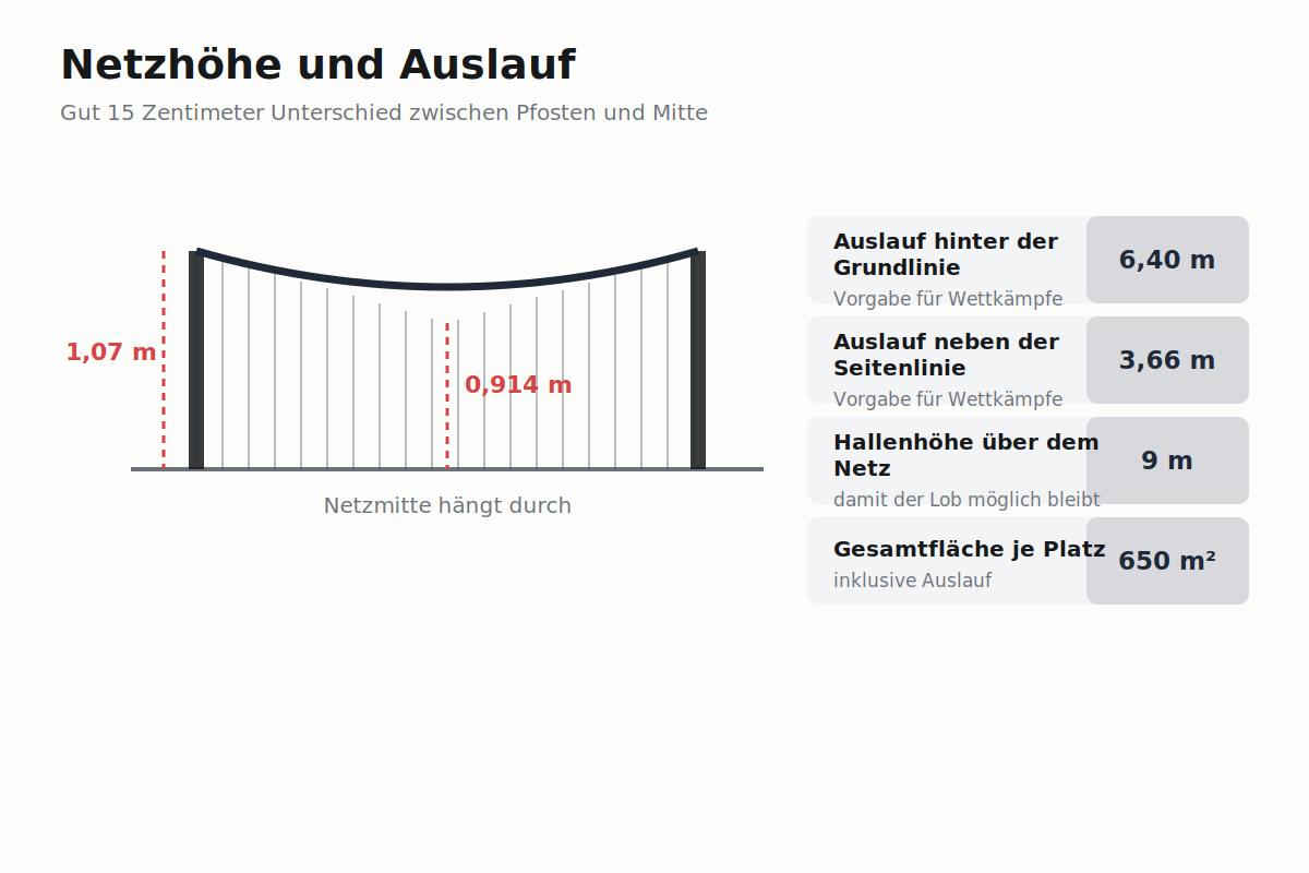 Netzprofil mit Höhe an den Pfosten und in der Mitte sowie Auslaufflächen