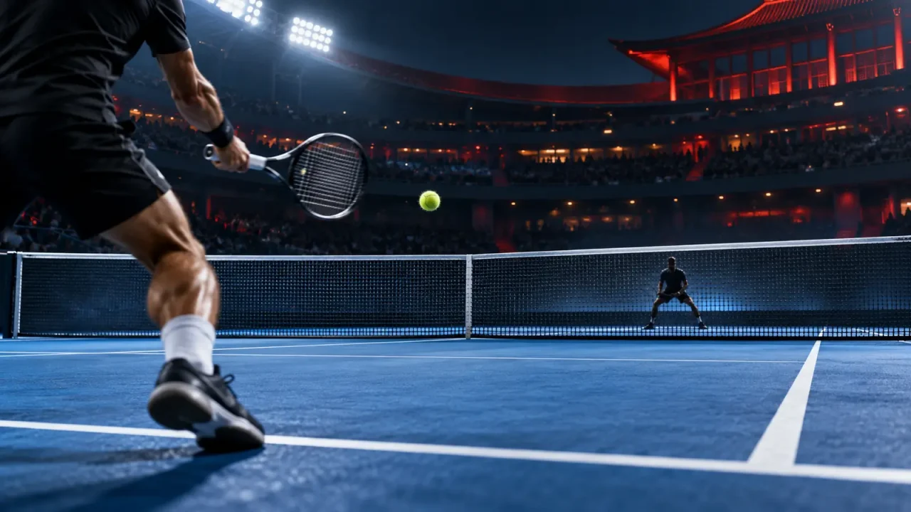 Tennisduell auf blauem Hartplatz als Symbol für Zverev gegen Djokovic in Peking