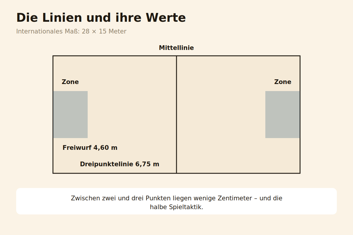 Basketballfeld mit Dreipunktelinie, Zone und Freiwurflinie im internationalen Maß