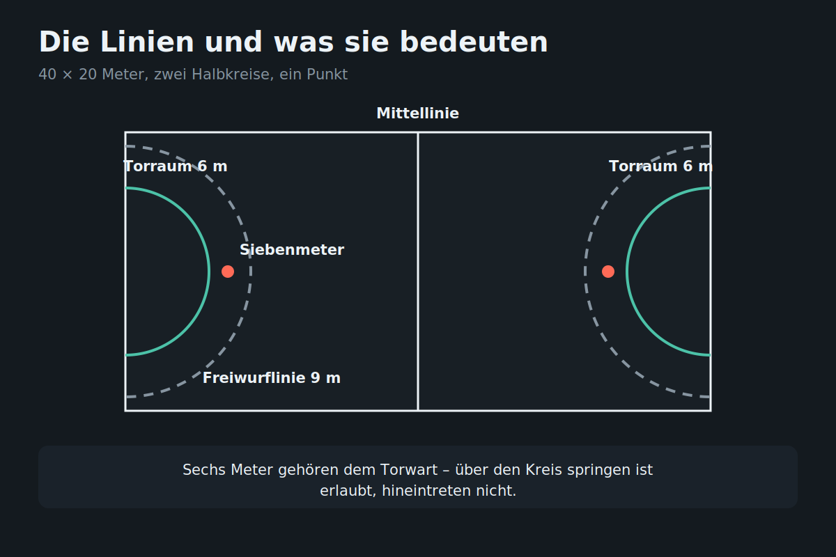 Die Linien und was sie bedeuten Handballfeld mit Torraum, Freiwurflinie und Siebenmeterpunkt