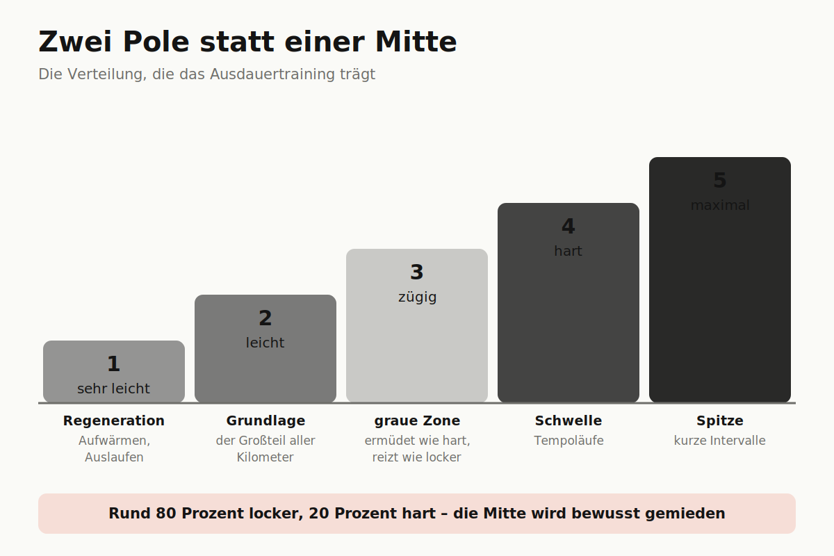 Zwei Pole statt einer Mitte Verteilung der Trainingsintensität nach dem 80-zu-20-Prinzip gegenüber der grauen Zone
