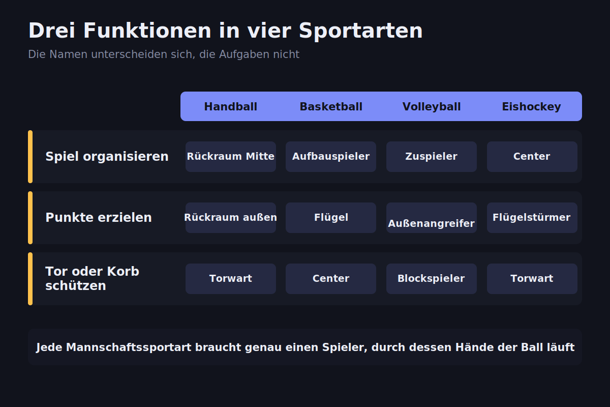 Drei Funktionen in vier Sportarten Gemeinsame Funktionen im Teamsport: Organisation, Abschluss und Absicherung