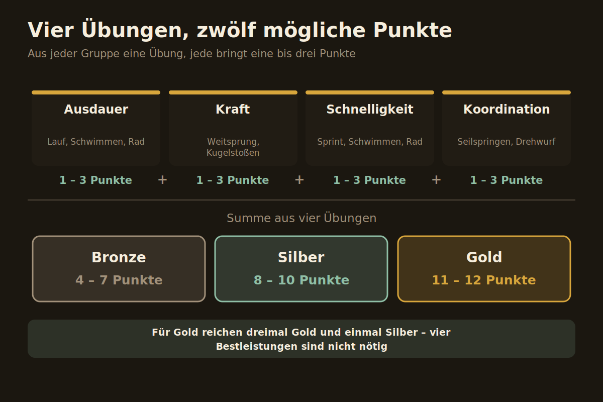 Punktesystem des Deutschen Sportabzeichens mit vier Disziplingruppen und den drei Stufen