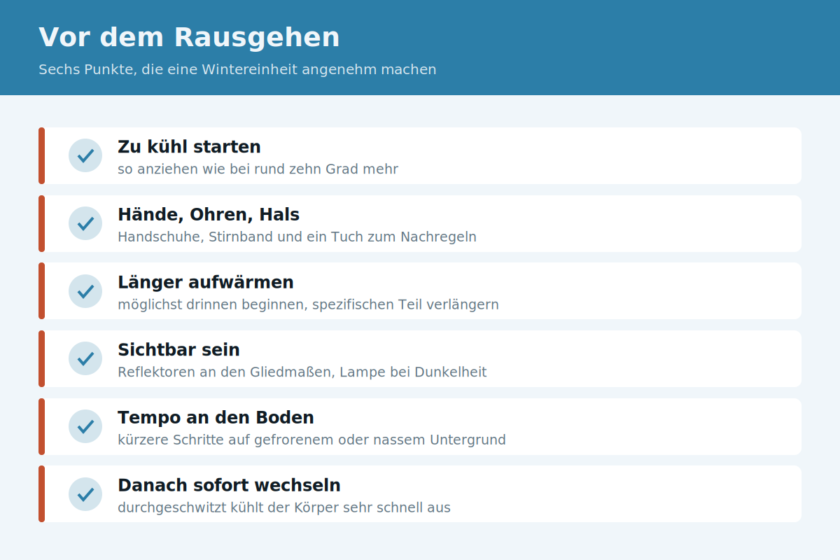 Vor dem Rausgehen Checkliste für Wintertraining mit Ausrüstung, Sichtbarkeit und Aufwärmen