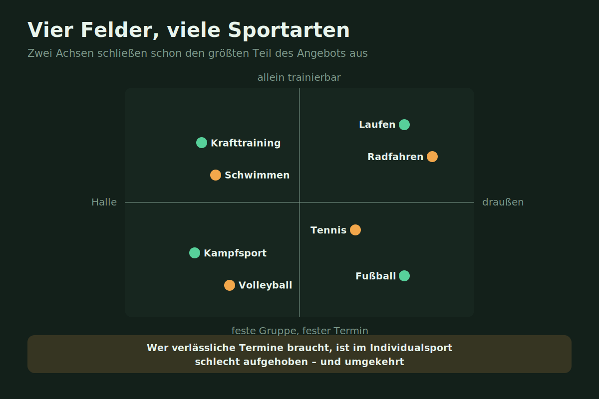 Einordnung verbreiteter Sportarten nach Sozialform und Anforderungsprofil